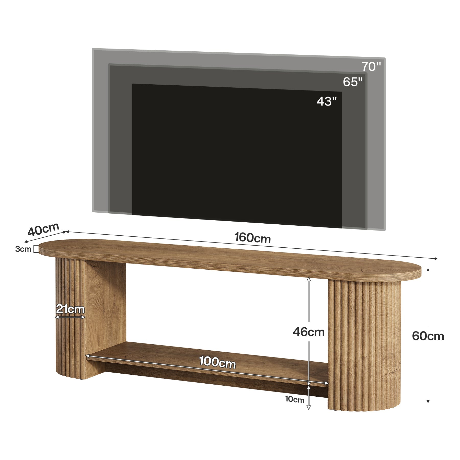 160 cm Tribesigns tv-meubel met geribbeld ontwerp en opbergplank, landelijke mediakast voor woonkamer en slaapkamer