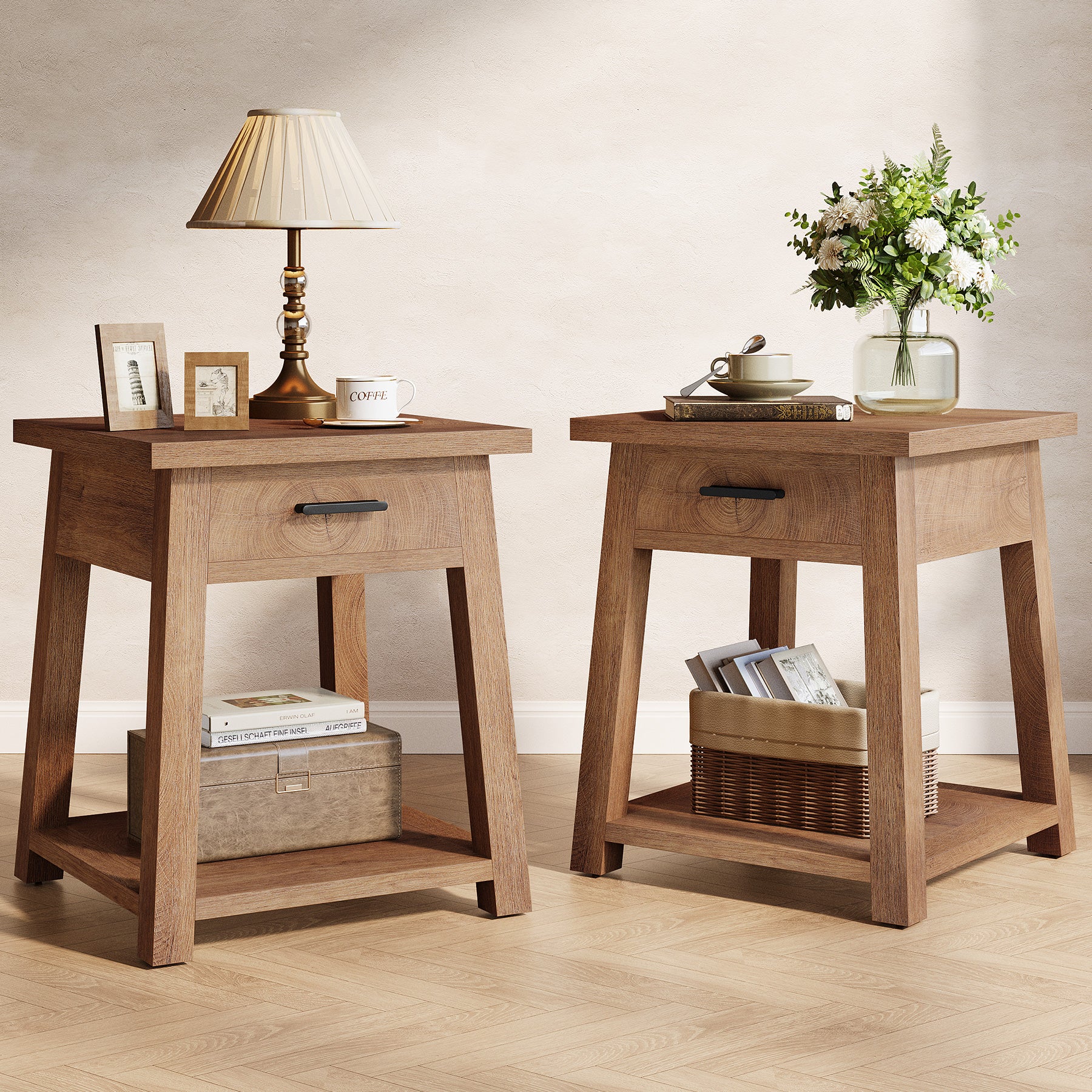 Mesita de noche con cajón y estante, Mesa auxiliar de estilo rústico para dormitorio y sala de estar