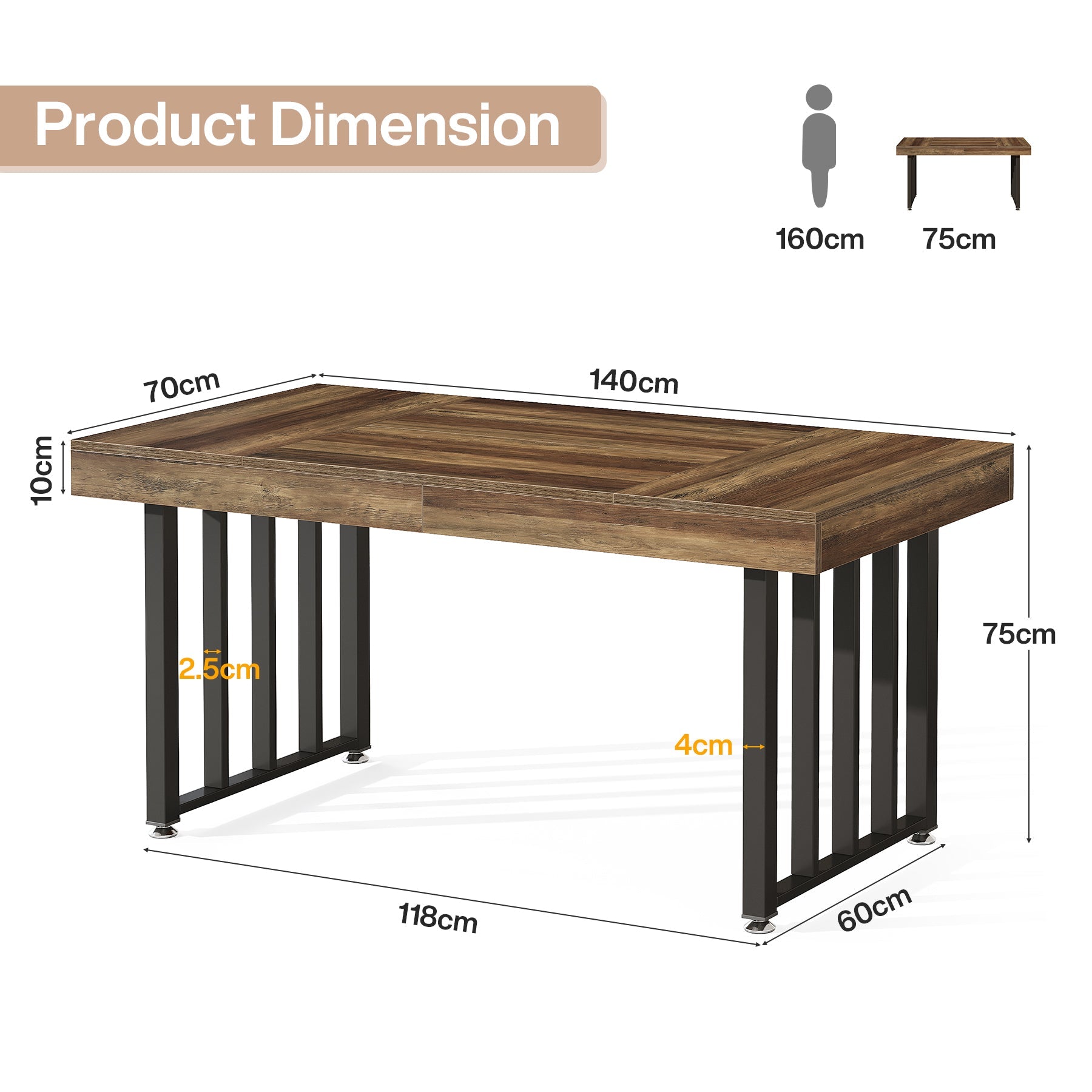 Mesa de comedor de 140 cm para 4 personas, Mesa de cocina rectangular con patas metálicas resistentes