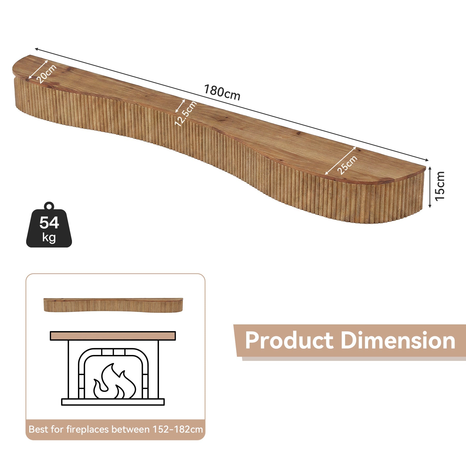 Tribesigns Floating Mantel Shelf aus Massivholz 180 cm, Kaminregal mit Geriffeltem Design