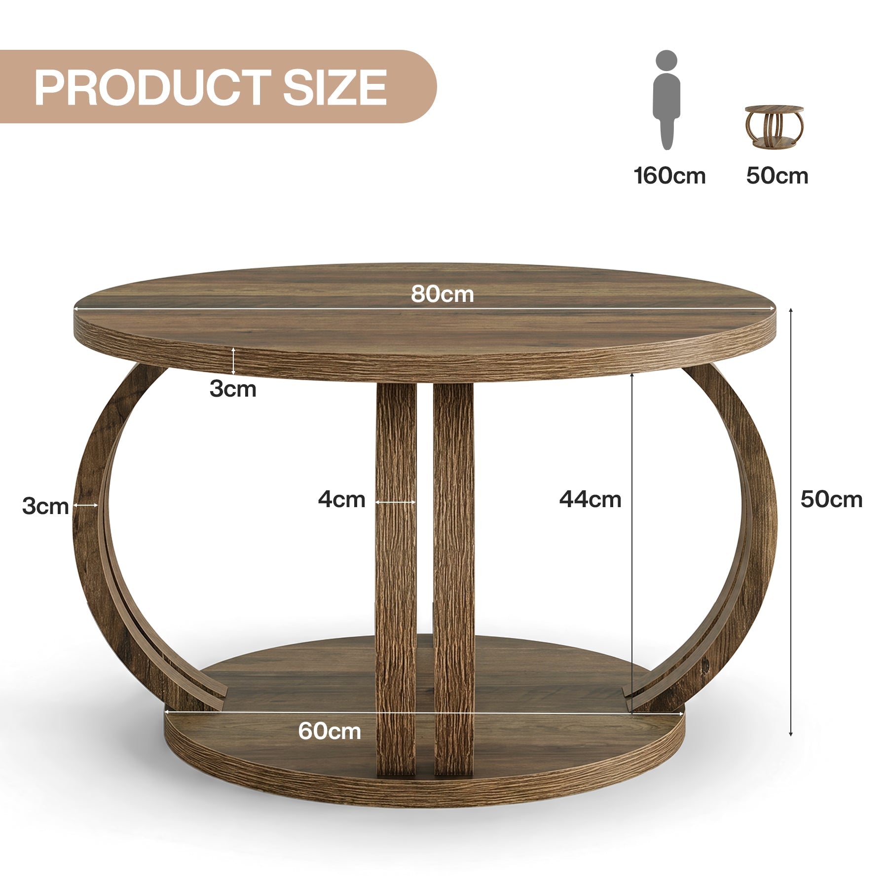 Tribesigns Mesa de centro redonda de 80 cm con estante, Mesa de salón con base de columna escultural