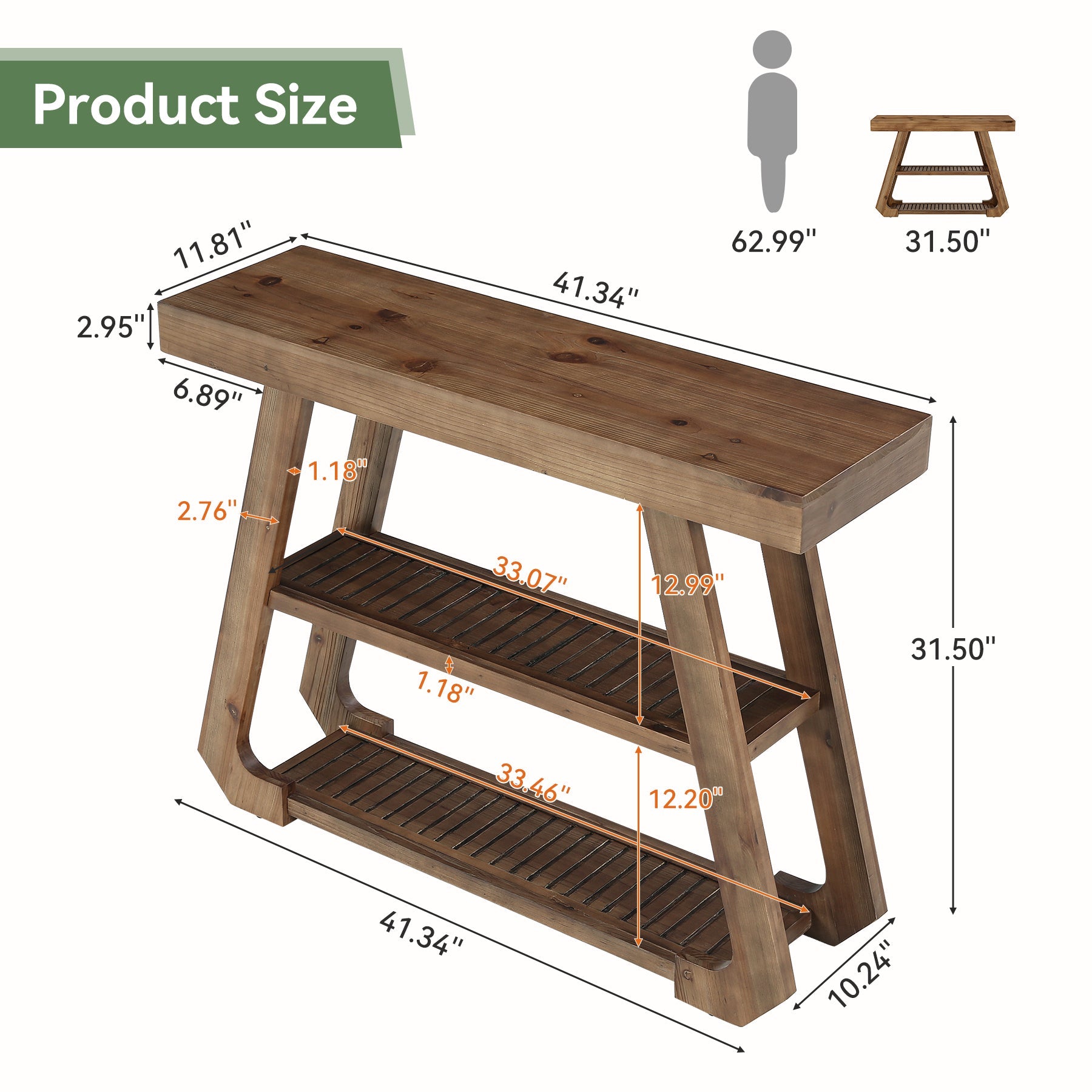 Tribesigns Consola de madera maciza de 105 cm con 3 estantes, Mesa de recibidor de estilo rústico con estructura en forma de A