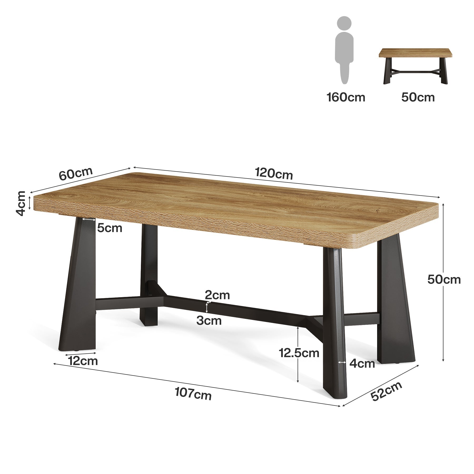 Tribesigns Mesa de centro de 120 × 60 cm, Mesa rectangular para salón con base metálica