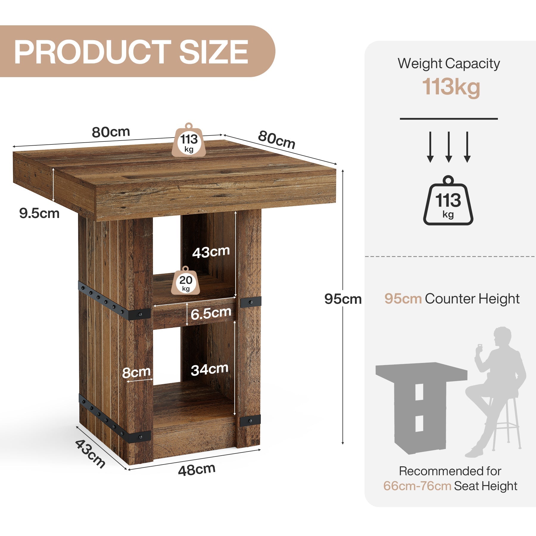 Tribesigns Mesa de bar de 80 × 80 cm con almacenamiento, Mesa alta de 95 cm mesa de cocina de estilo rústico industrial