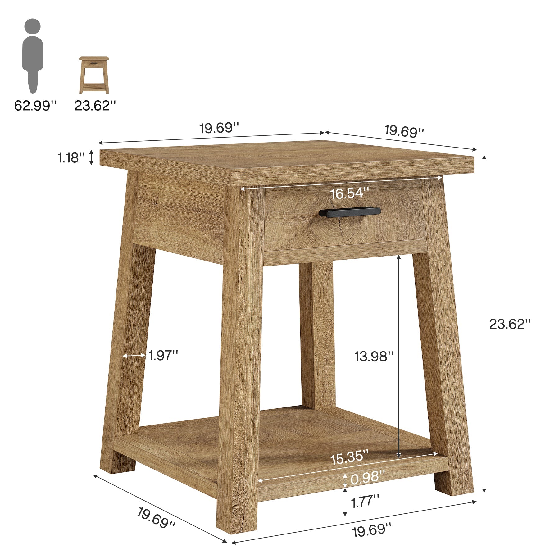 Mesita de noche con cajón y estante, Mesa auxiliar de estilo rústico para dormitorio y sala de estar