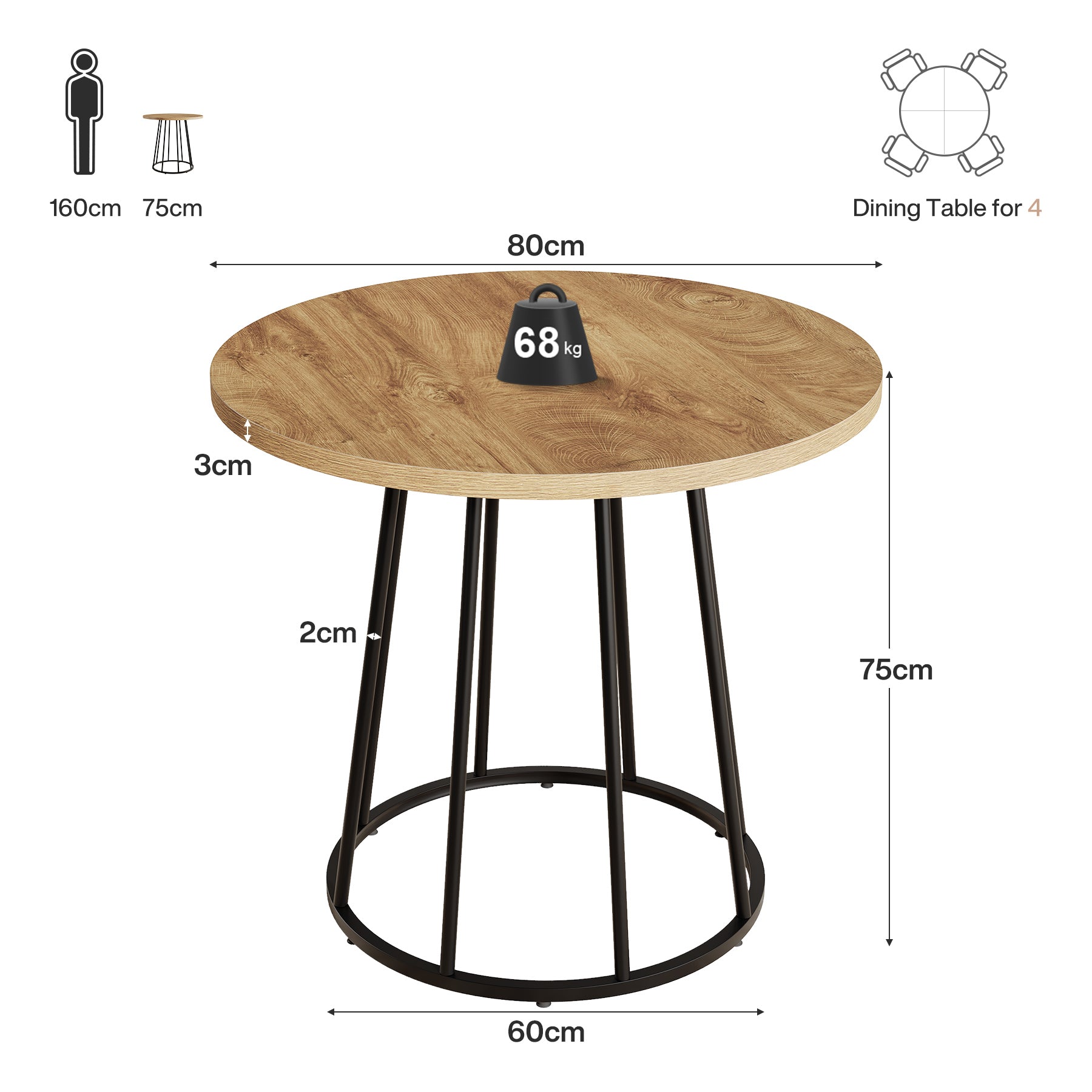 Tribesigns Mesa de comedor redonda de 80 cm, Estilo industrial para 2-4 personas con base de acero