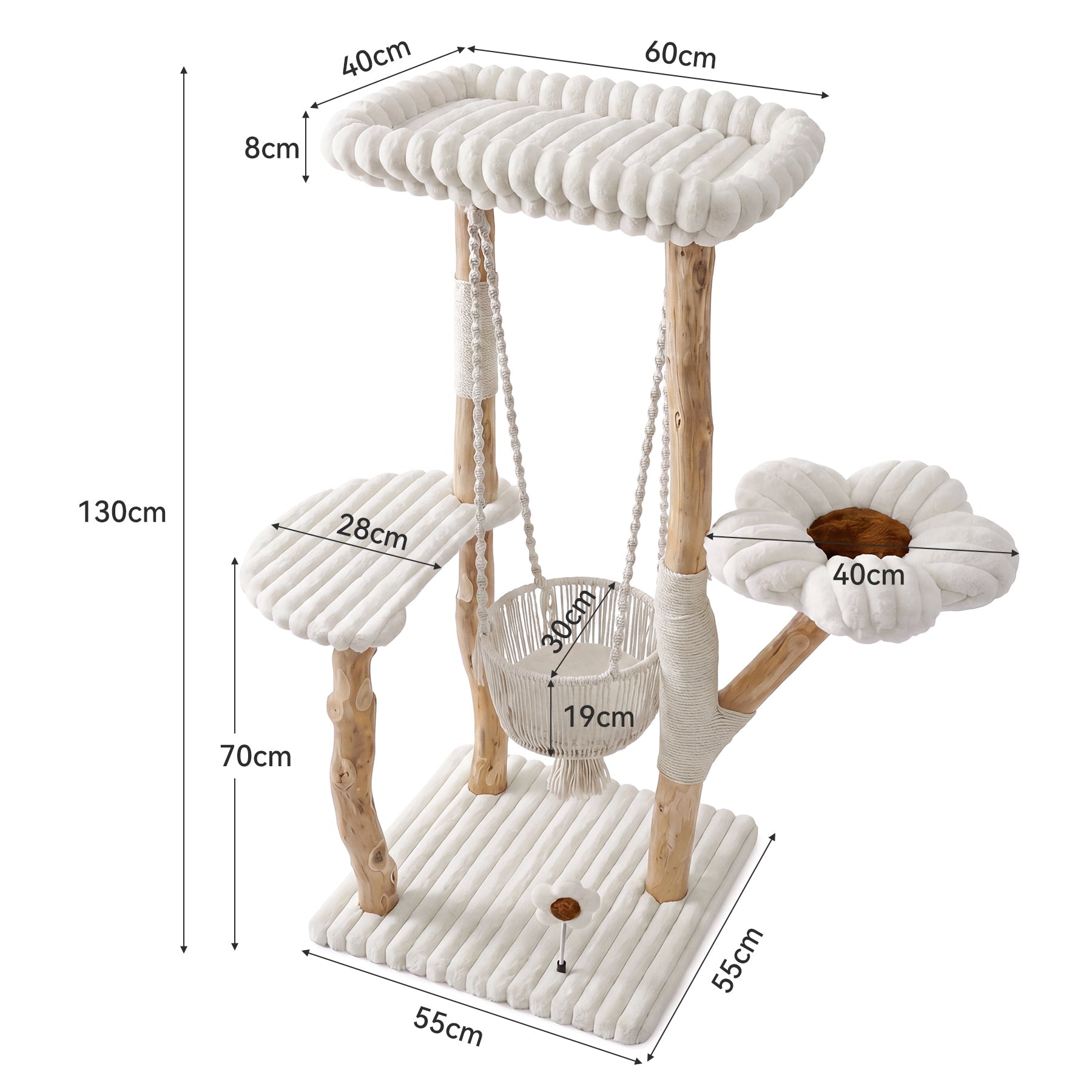 Tribesigns Árbol rascador para gatos de madera maciza, Poste rascador de 130 cm con hamaca, zonas de descanso y cojines lavables