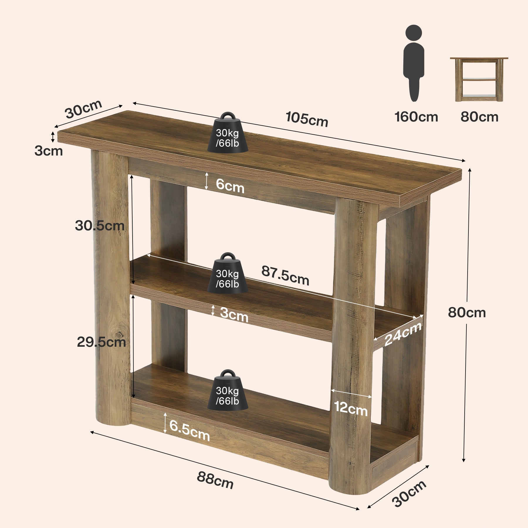Tribesigns 105 cm consoletafel, smalle haltafel met 3 planken en dik frame