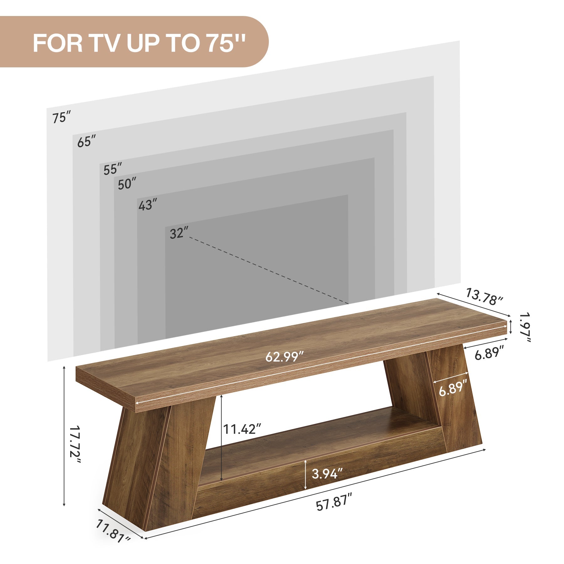 Tribesigns Mueble bajo para TV de 160 cm para televisores de 75 pulgadas, Consola multimedia rústica con estantes abiertos