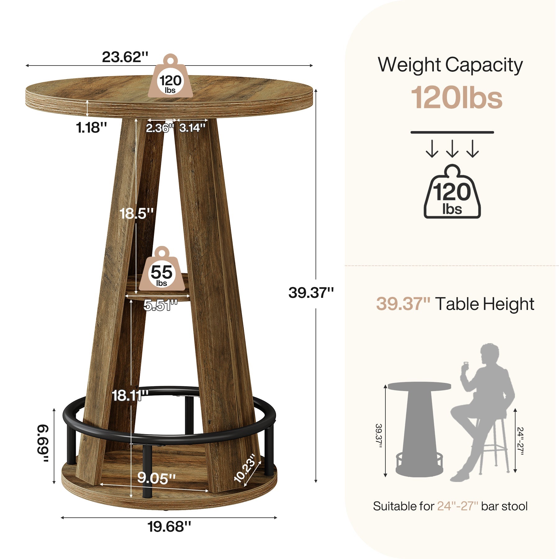 Tribesigns Mesa redonda de bar de 100 cm con almacenamiento, Mesa de bistró de estilo industrial para sala de estar, bar y espacios pequeños