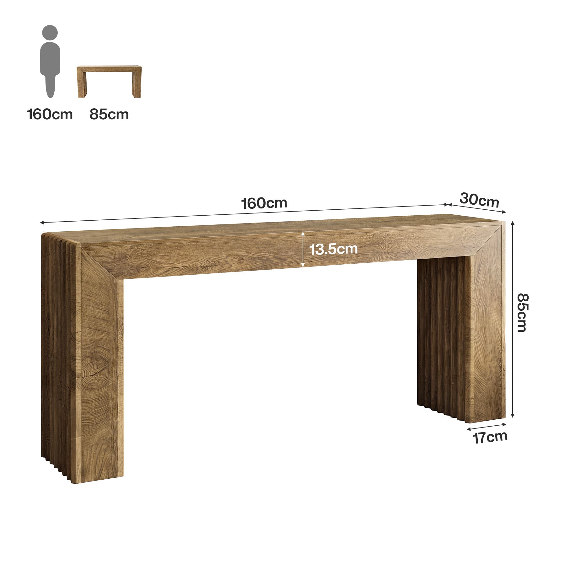 Consola de 160 cm con patas de columna estriadas, Mesa estrecha para recibidor de estilo romano