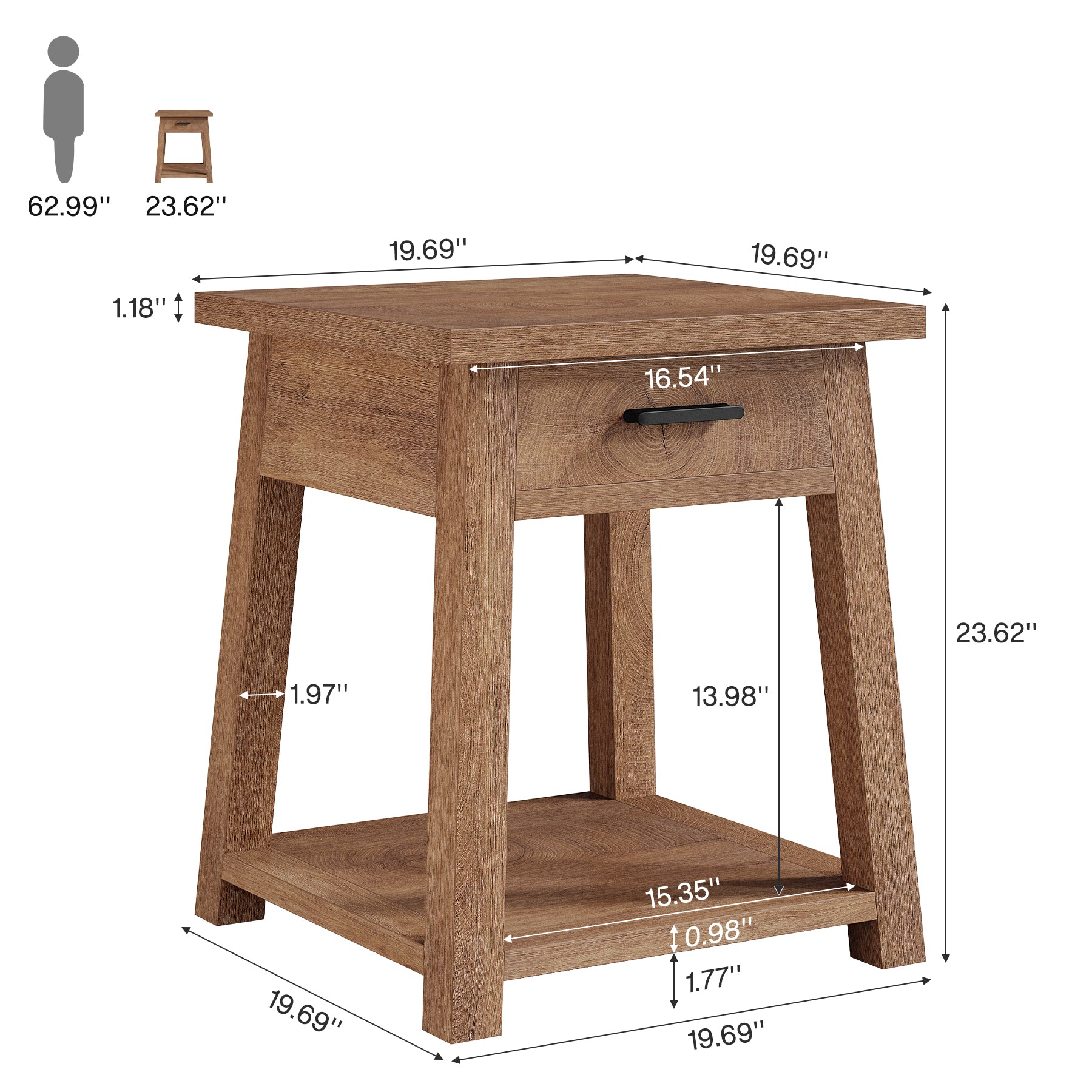 Mesita de noche con cajón y estante, Mesa auxiliar de estilo rústico para dormitorio y sala de estar