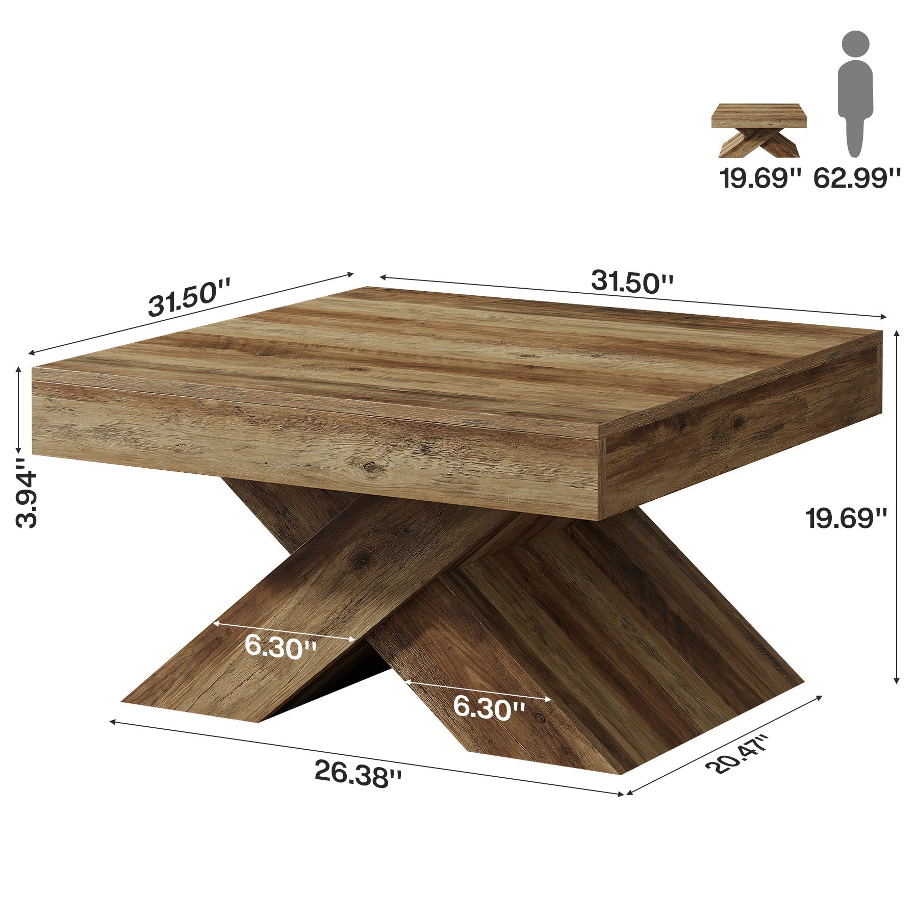 Mesa de centro cuadrada de 80 x 80 cm, Mesa de madera estilo rústico con base en forma de X para sala de estar y espacios pequeños