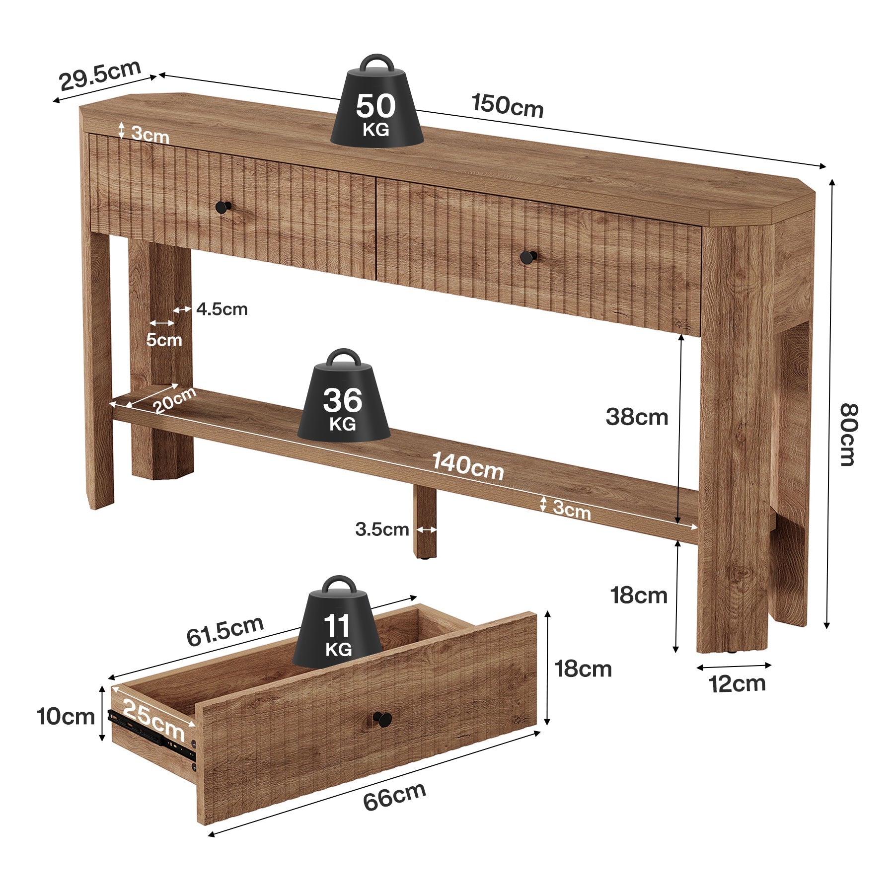 Mesa consola de 150 cm con 2 cajones, Mesa moderna y estrecha para recibidor con estante y espacio de almacenamiento
