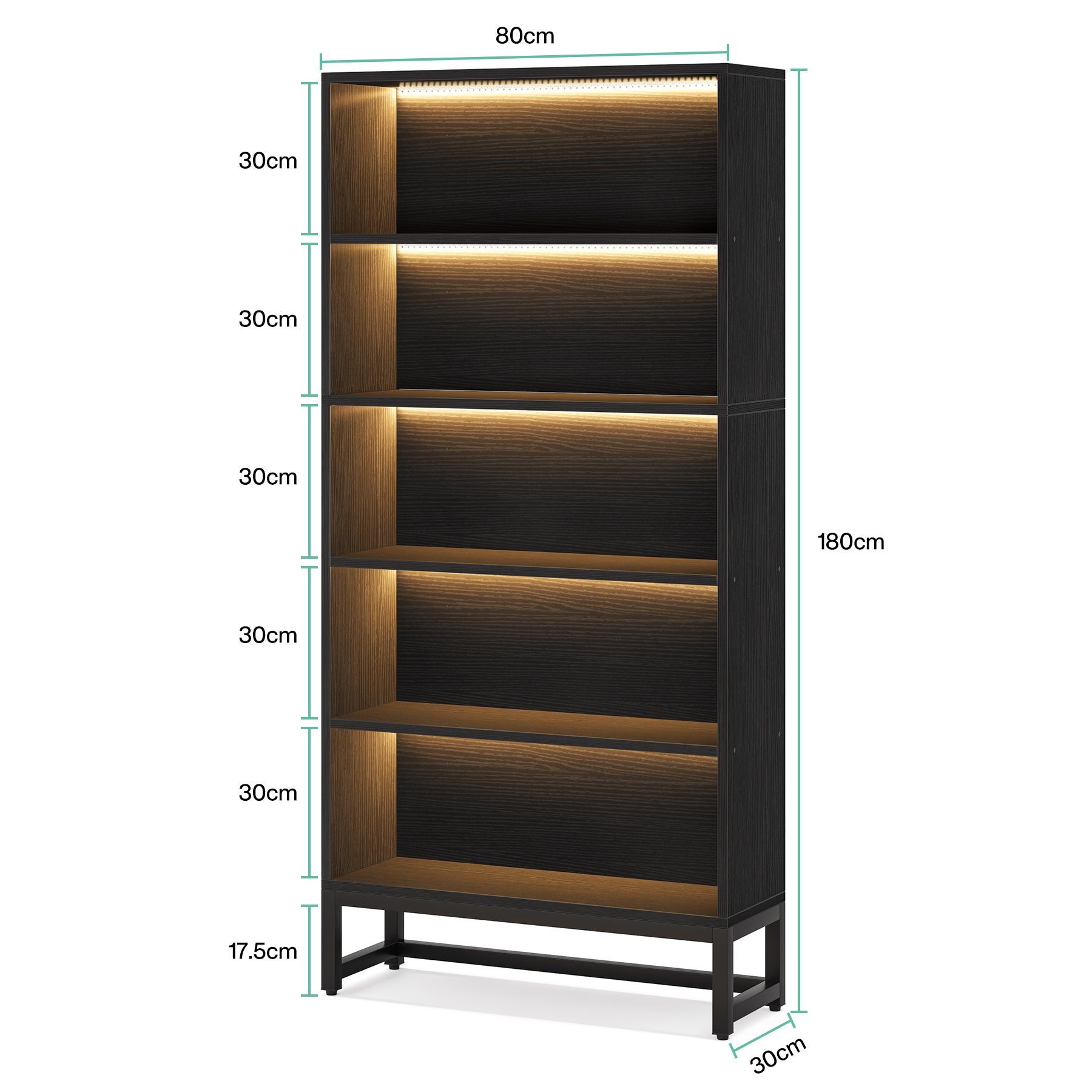 Tribesigns Librería de 180 cm de altura con iluminación LED, color negro, con 5 niveles de almacenamiento.
