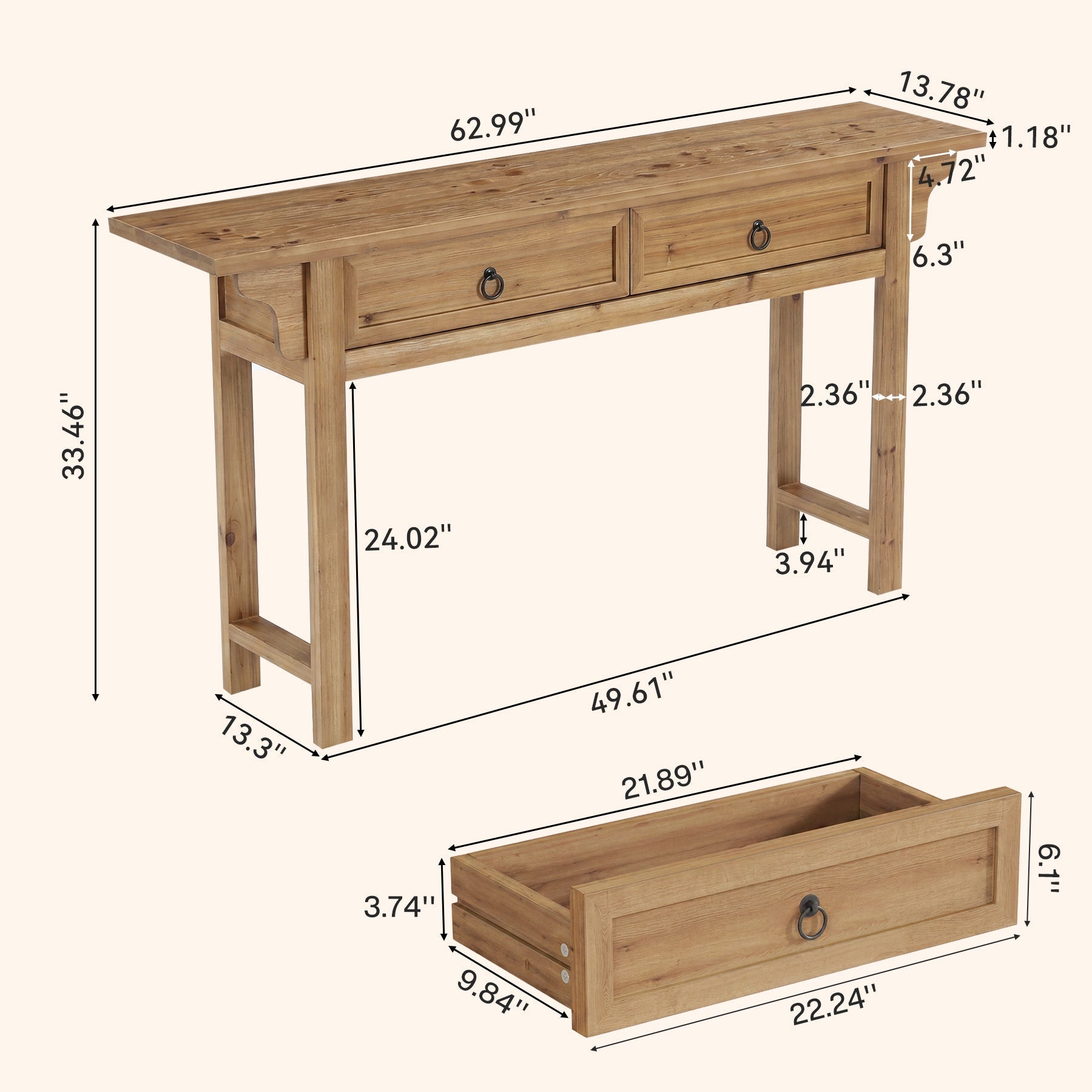 Tribesigns Consola de madera maciza de 160 cm con 2 cajones, Mesa de recibidor estrecha con espacio de almacenamiento.