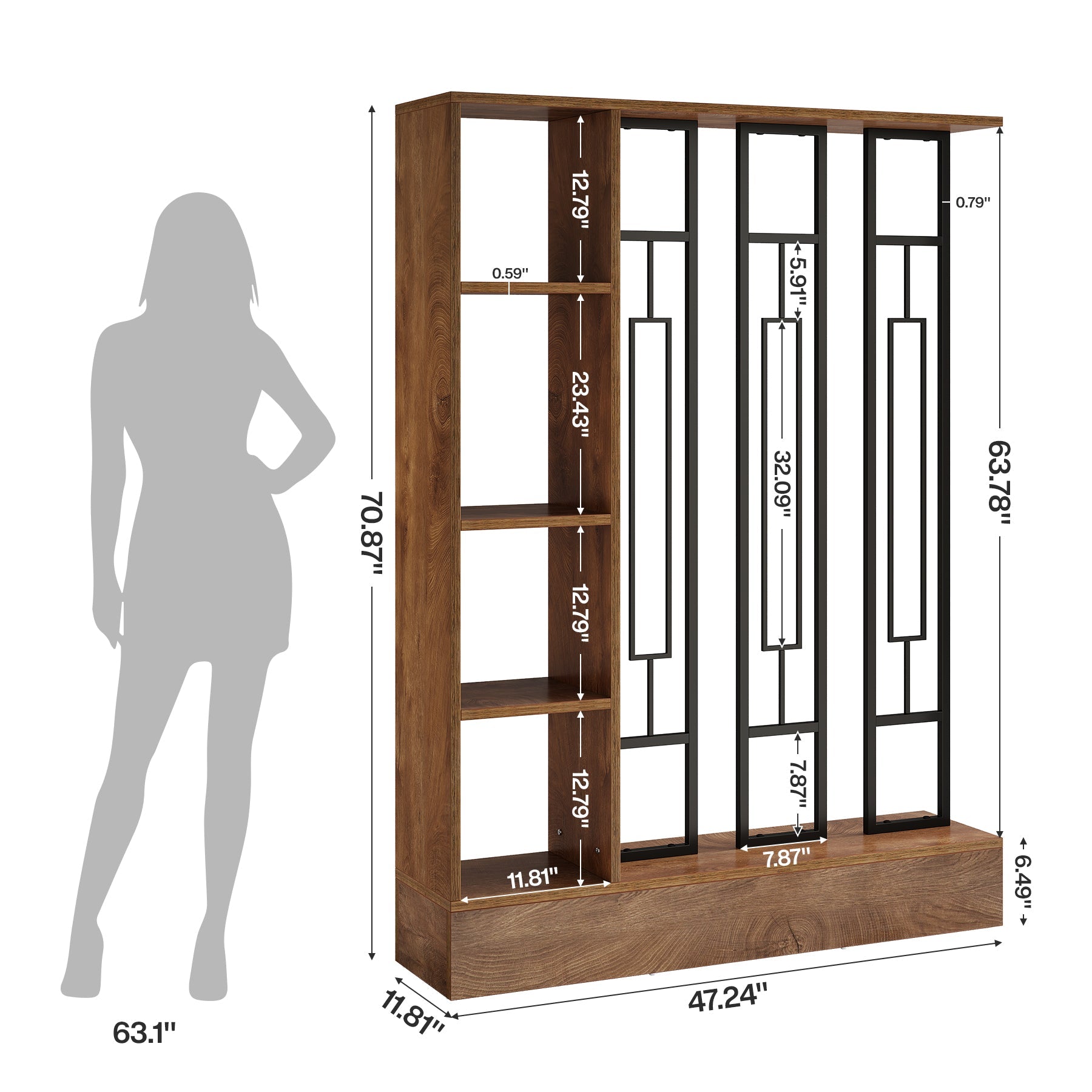 Biombo separador de ambientes de madera y metal de 120 cm, Pantalla de privacidad con estantes