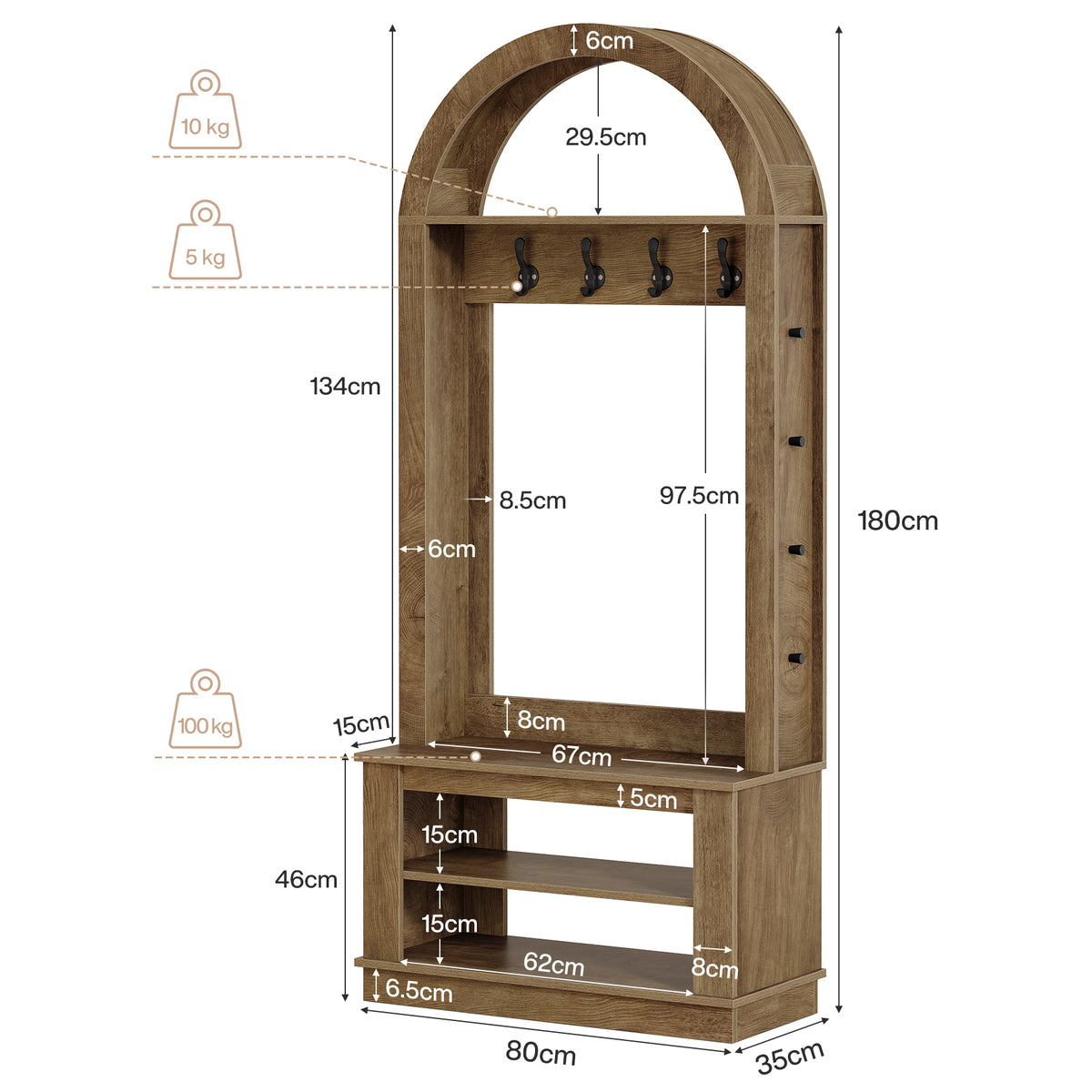 Tribesigns Perchero con banco y zapatero (12 ganchos, 80 x 35 x 180 cm) Mueble de recibidor con estante; diseño estilizado de estilo rústico