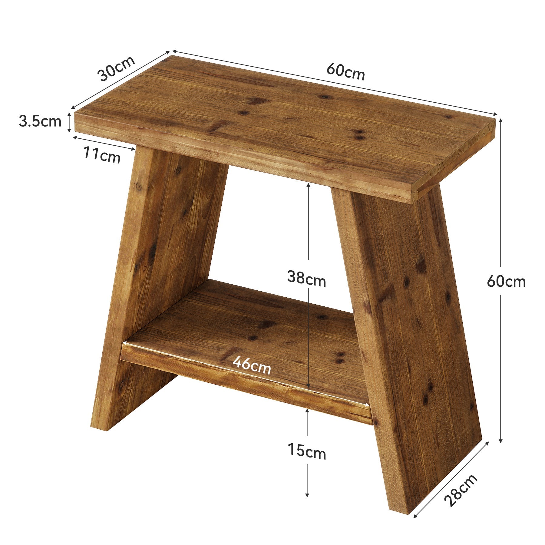 Mesita auxiliar estrecha de madera maciza de 60 x 30 cm con almacenamiento de 2 niveles, Mesita de noche rústica para salón y dormitorio
