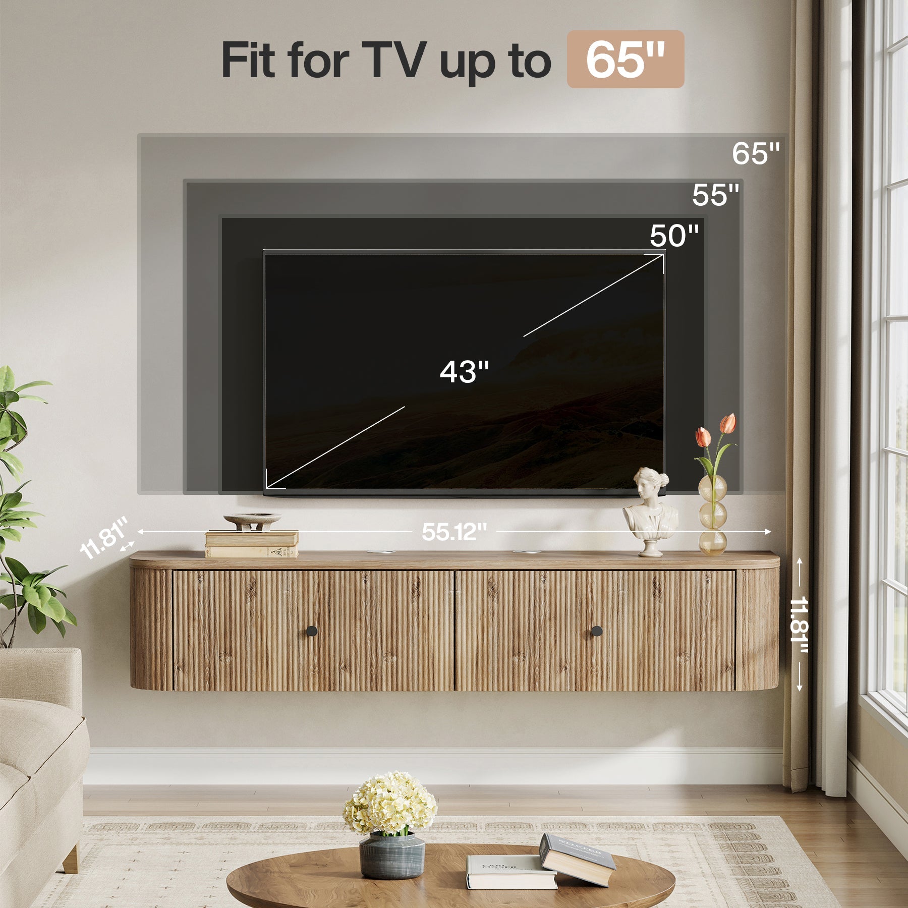 Mueble de TV flotante Tribesigns con 2 cajones acanalados, Mueble multimedia de pared para sala de estar y dormitorio