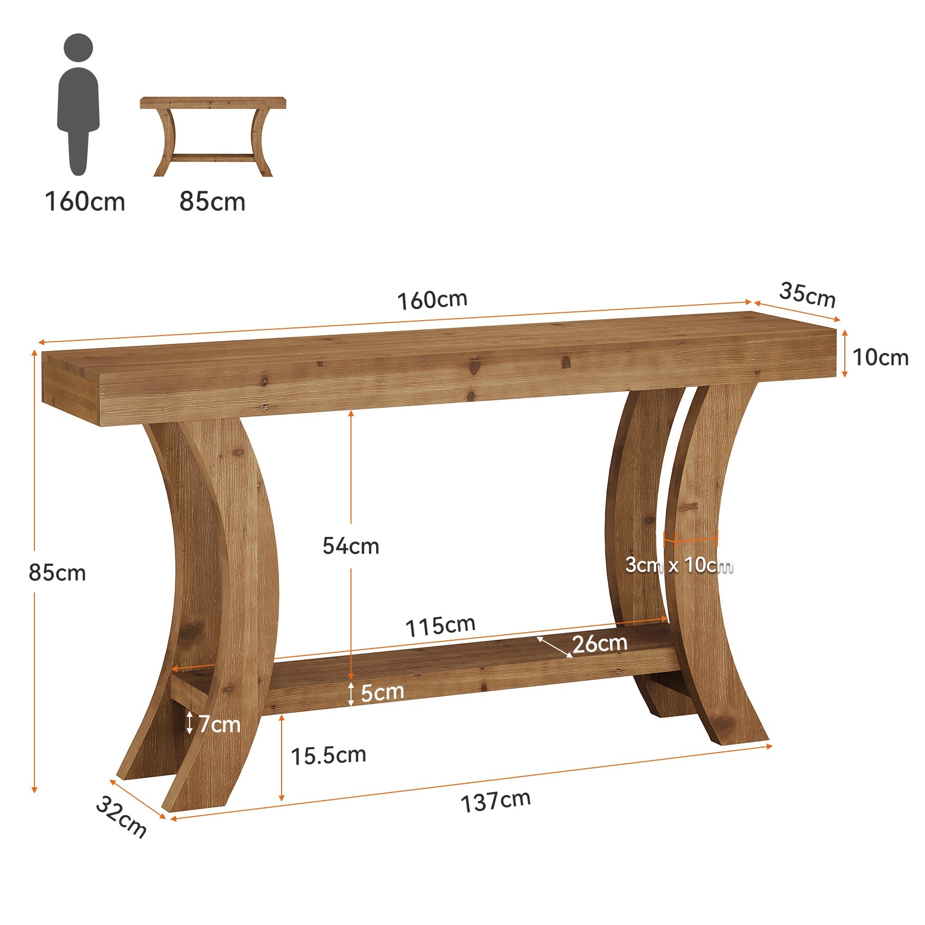 Tribesigns Mesa consola de madera maciza 160 cm, Mesa de recibidor con estante y marco arqueado curvo