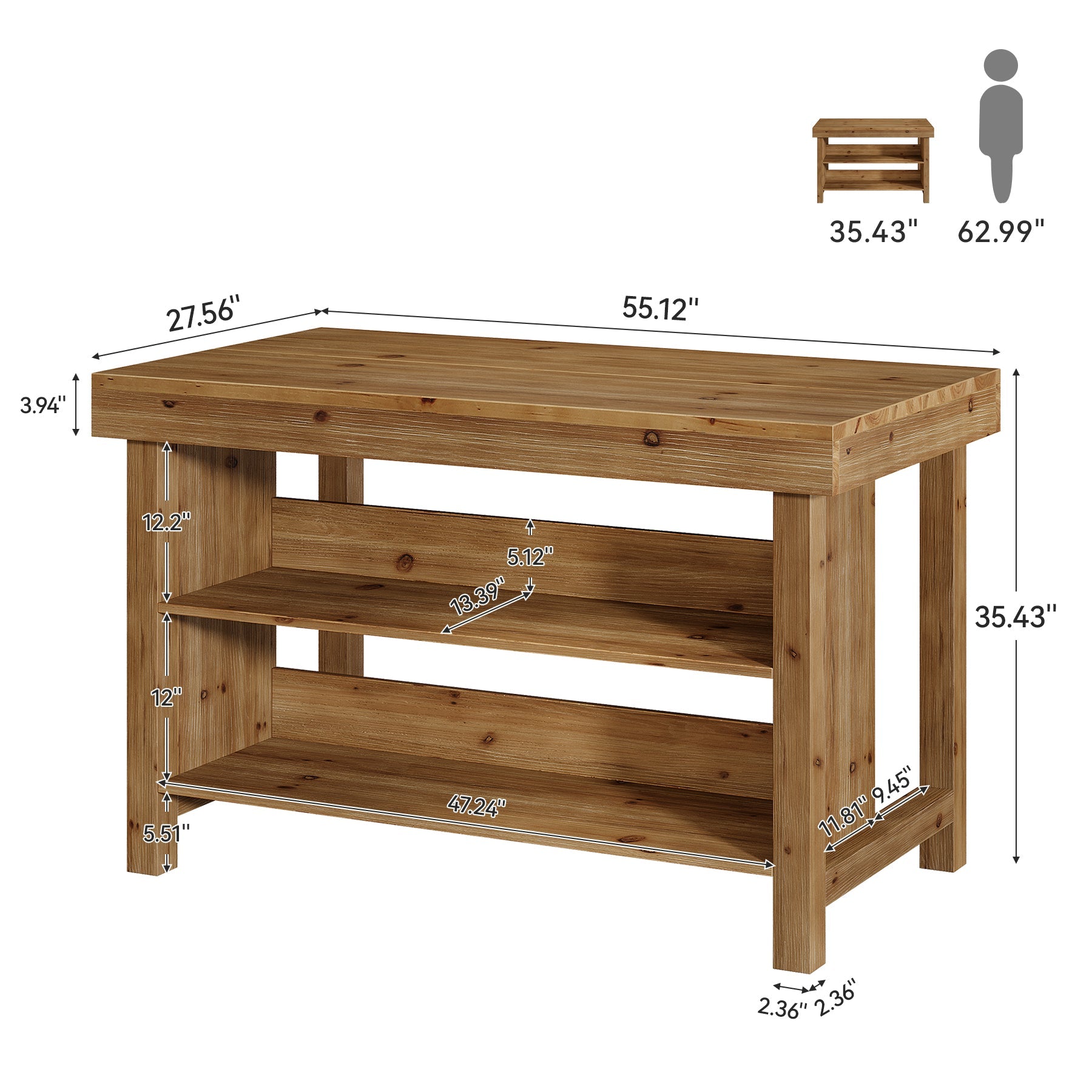 Tribesigns Isla de cocina de madera maciza con almacenamiento y asientos, Mesa de cocina con 2 estantes abiertos
