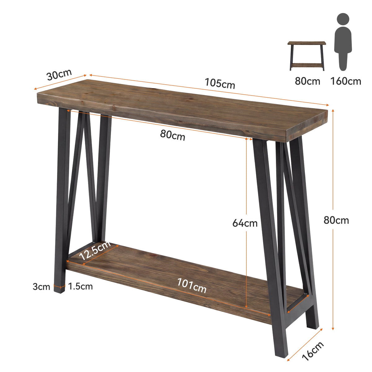Tribesigns Mesa consola con borde natural 2 niveles, Tablero de madera y estructura metálica de estilo industrial