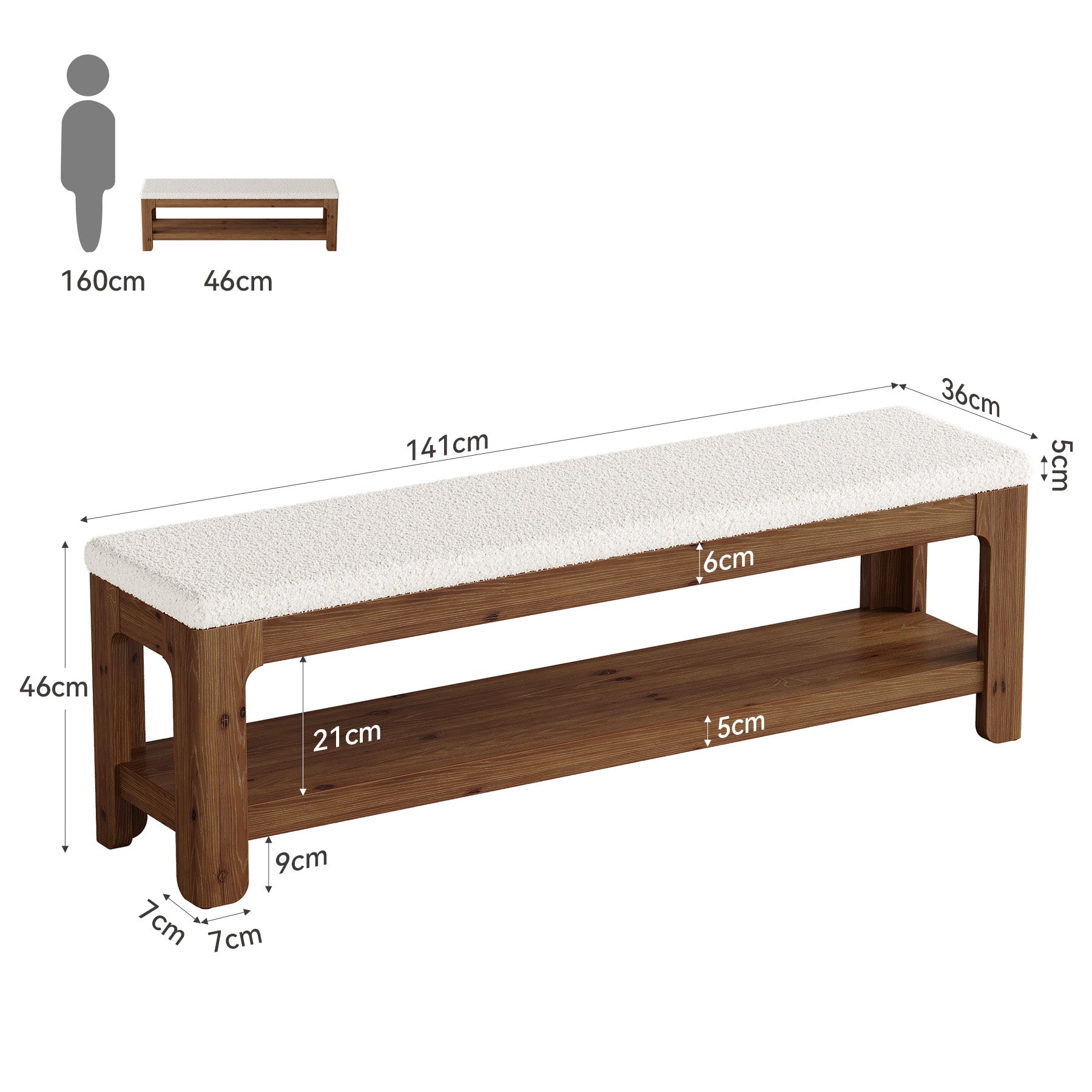 Tribesigns Banco tapizado de 140 cm, fabricado en madera maciza, ideal para recibidor, con estante de almacenamiento y asiento de felpa