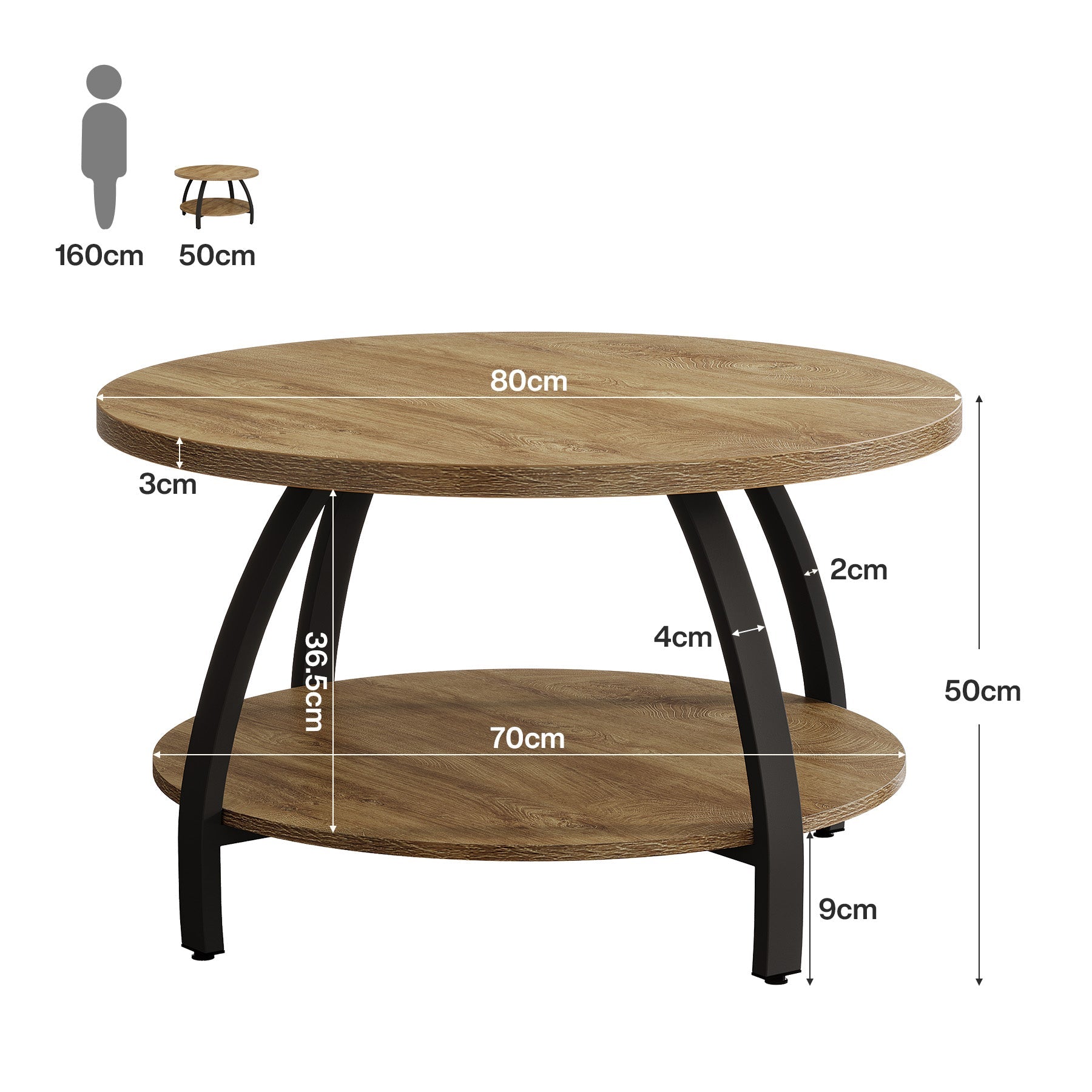 Tribesigns Mesa de centro redonda de 80 cm con 2 estantes, Mesita auxiliar de estilo industrial con patas metálicas