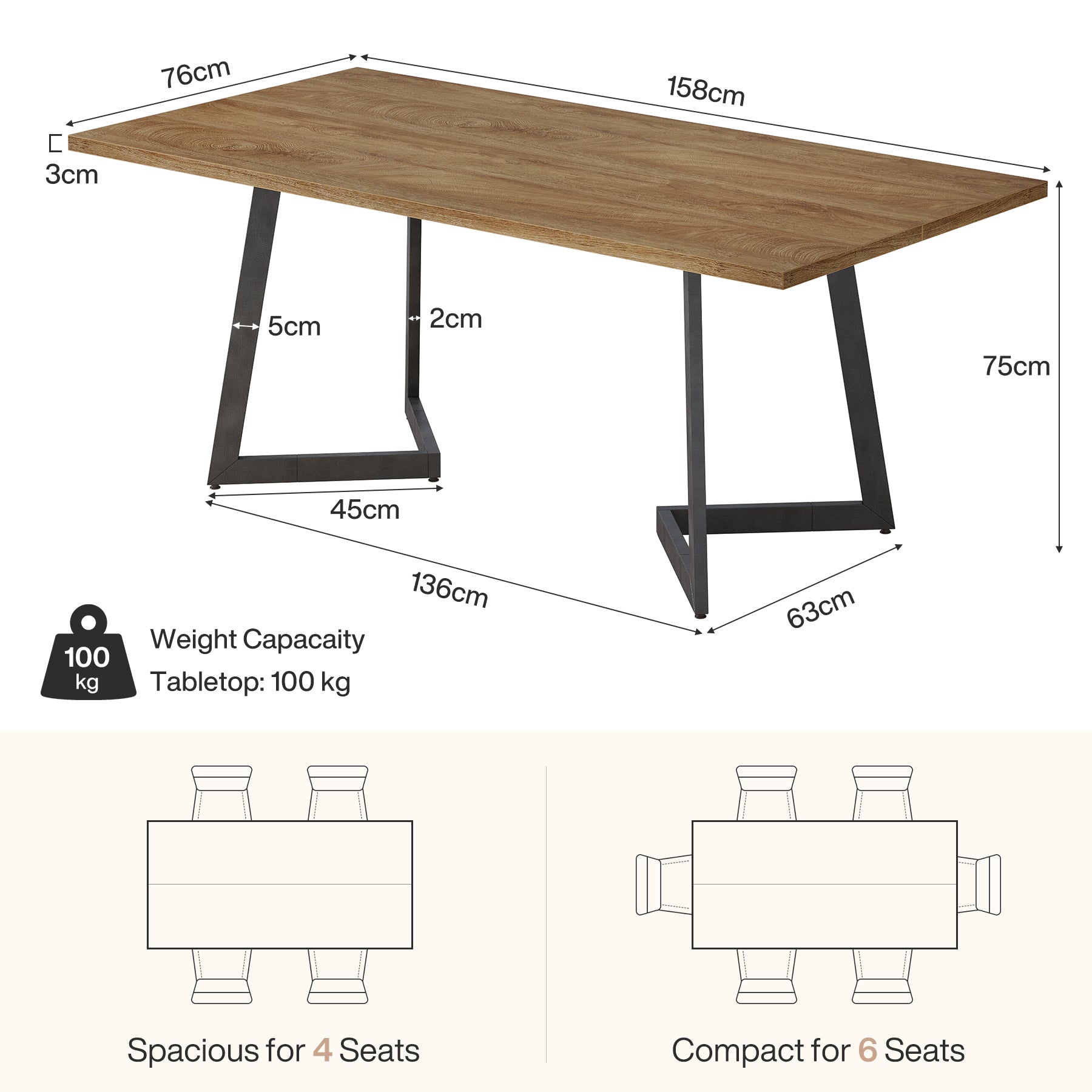 Tribesigns Mesa de comedor moderna de 160 cm, Mesa de cocina rectangular con estructura metálica