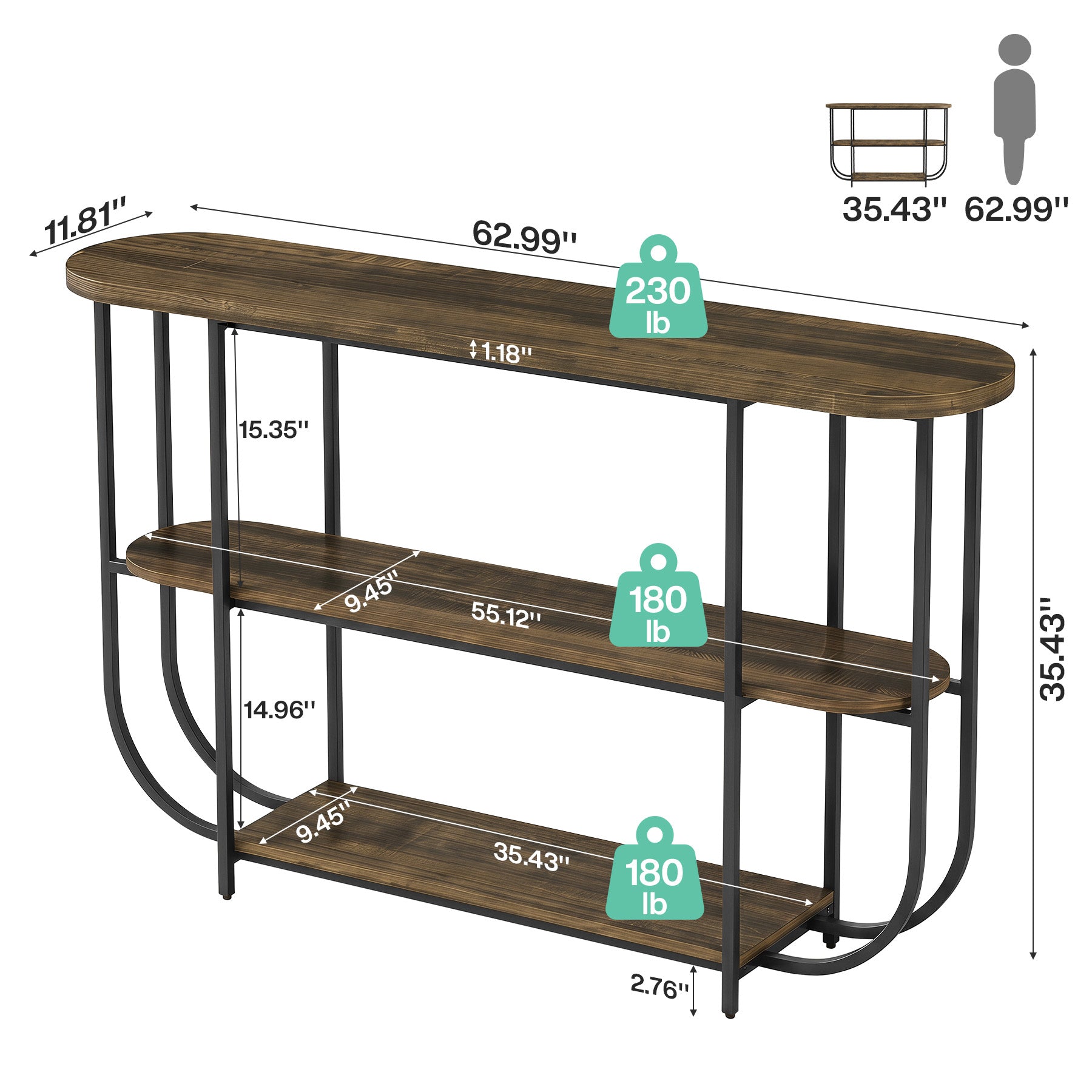 Tribesigns Mesa consola de 160 cm, Mesa estrecha para pasillo con 3 niveles y estructura metálica