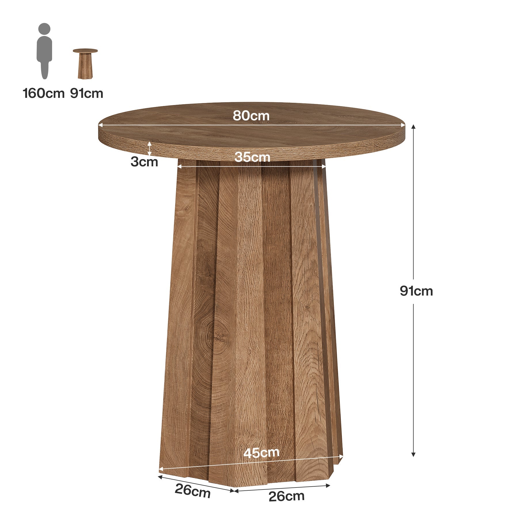 Mesa redonda de bar de 80 cm con base de pedestal acanalada, Mesa de bistró moderna a la altura de la barra