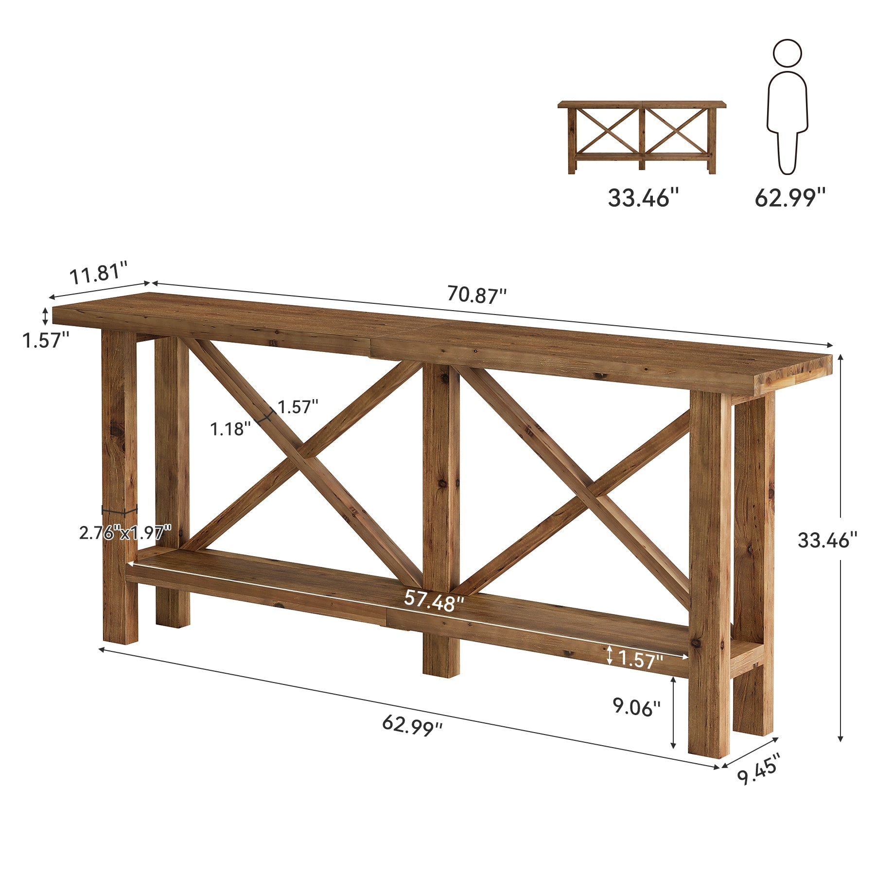 Mesa consola estrecha de 180 cm, Mesa de recibidor de madera maciza de 2 niveles