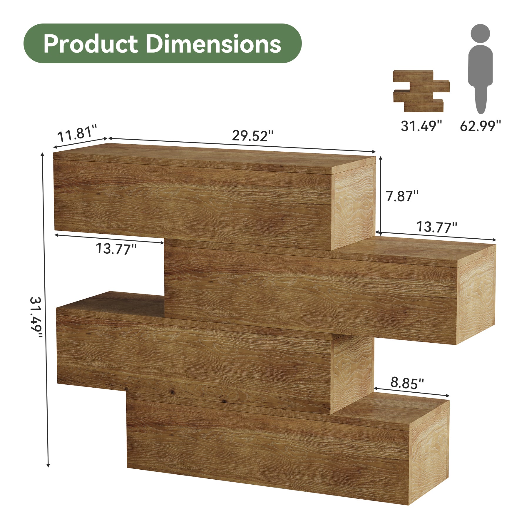 Consola de madera maciza de 110 cm con 4 estantes, Mesa estrecha para recibidor de estilo rústico