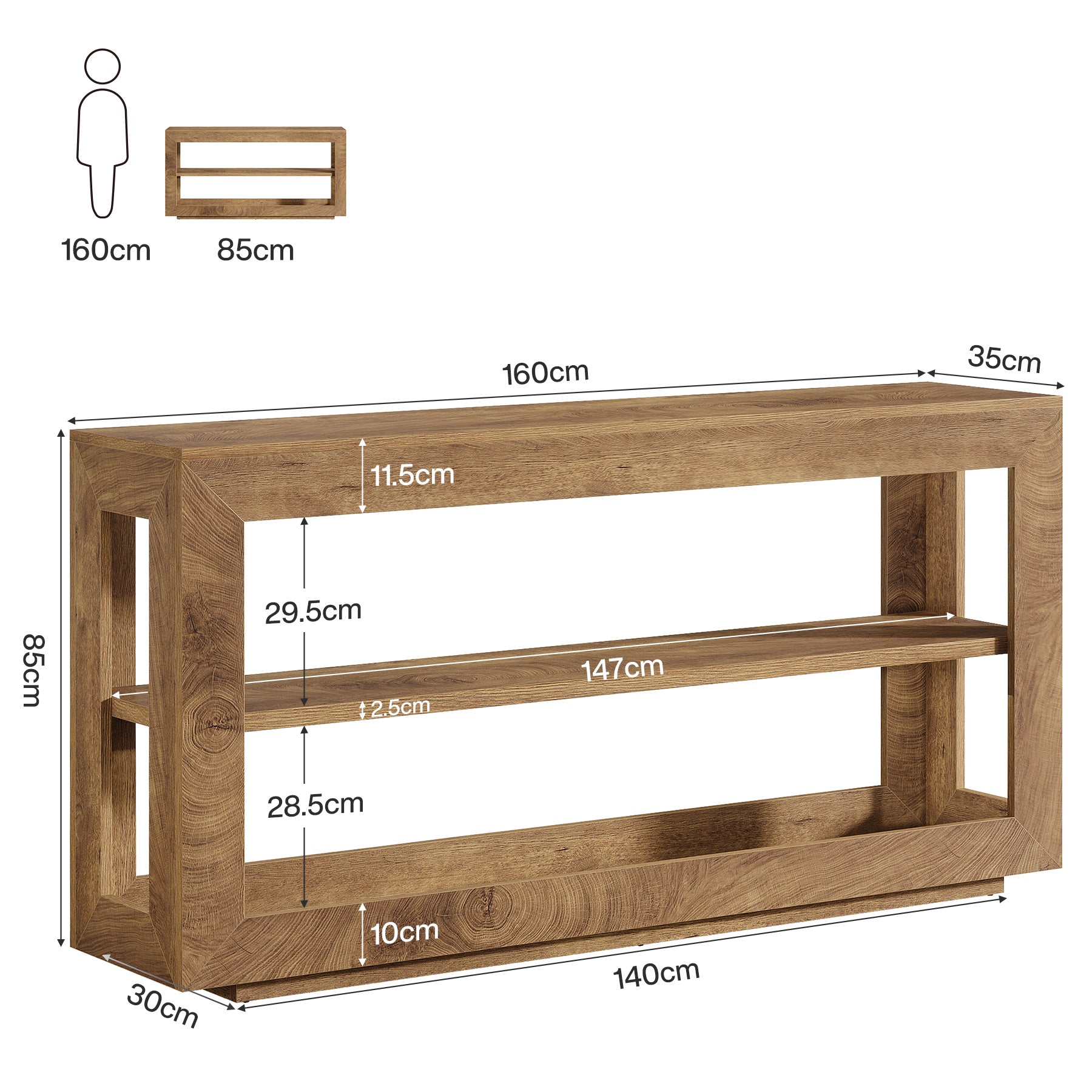 Tribesigns Mesa consola de 160 cm, Mesa de entrada estilo rústico con estante de almacenamiento de 3 niveles