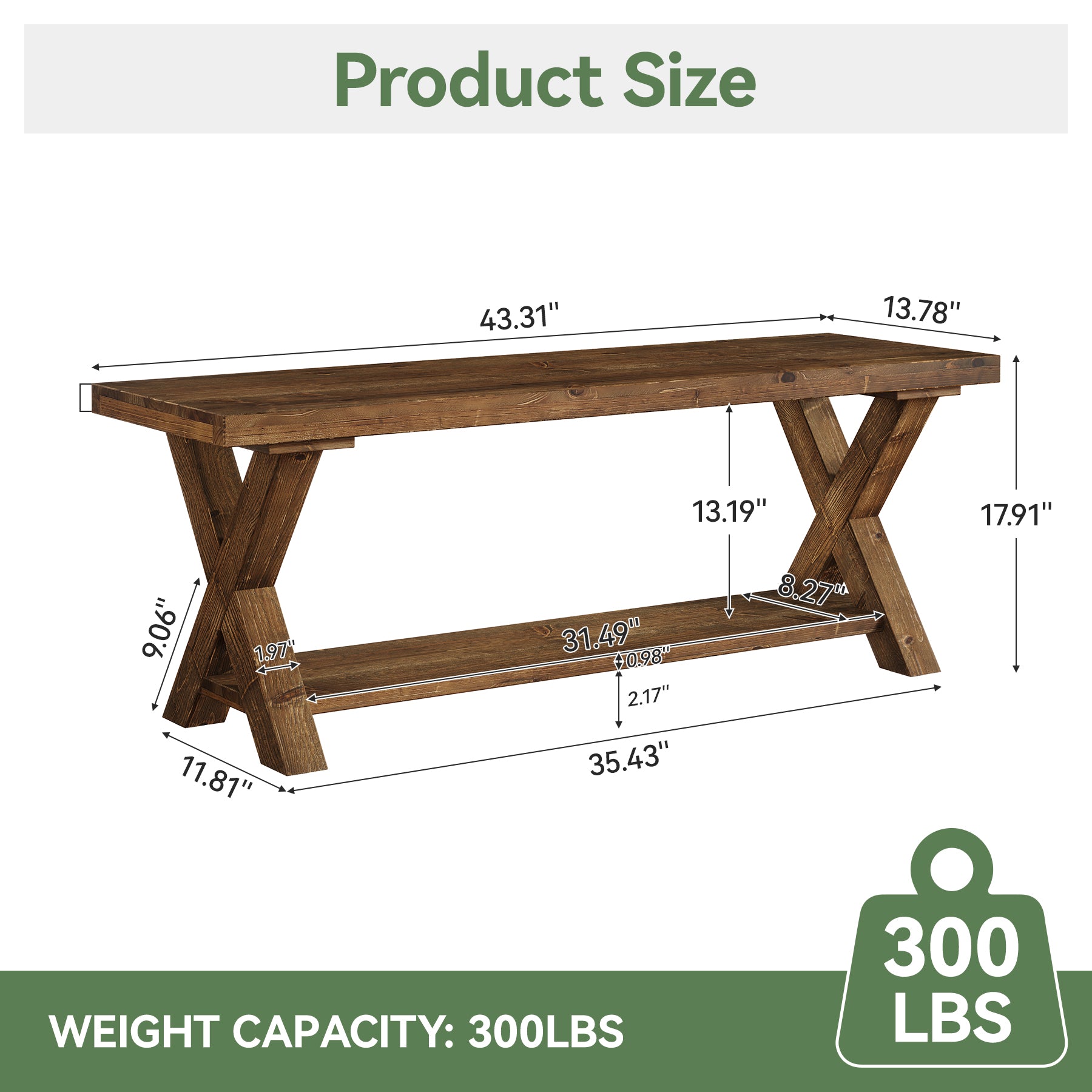 Tribesigns Banco de madera macizade 110 cm con compartimento de almacenamiento, Banco zapatero de estilo rústico con estructura en forma de X en color marrón