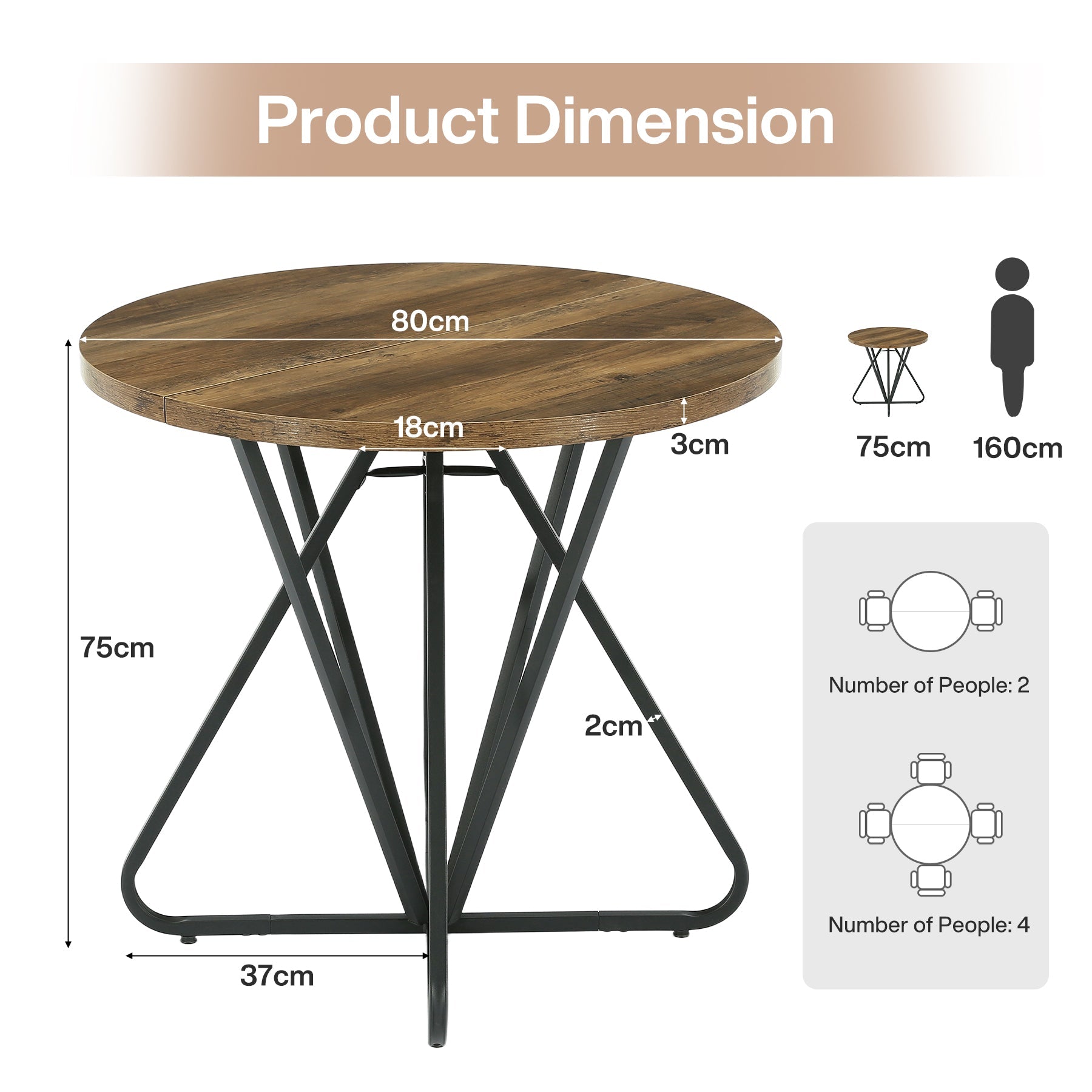 Tribesigns Runder Esstisch 80 cm für 2–4 Personen, Kleiner Küchentisch mit Geometrischem Metallgestell