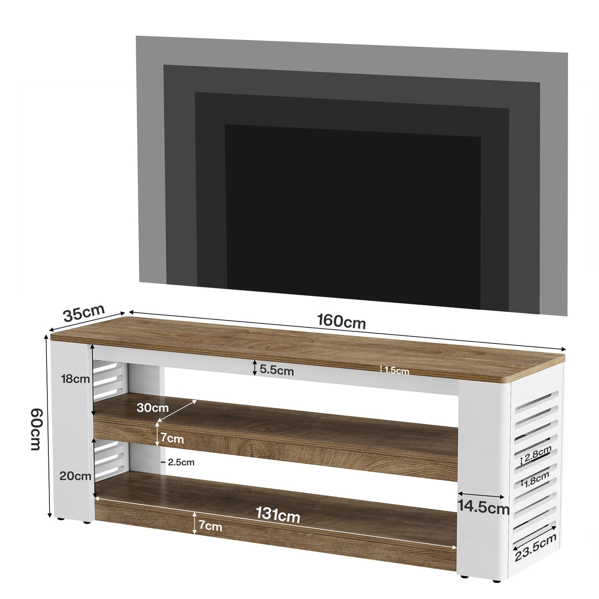 Mueble bajo para TV de 160 cm para televisores de hasta 75 pulgadas, Mueble de 3 niveles con espacio de almacenamiento y laterales de lamas
