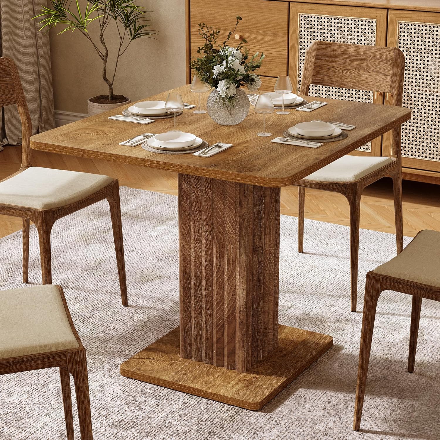 Mesa de comedor compacta de 90x80 cm para 4 personas con base robusta de estilo rústico para cocina y salón